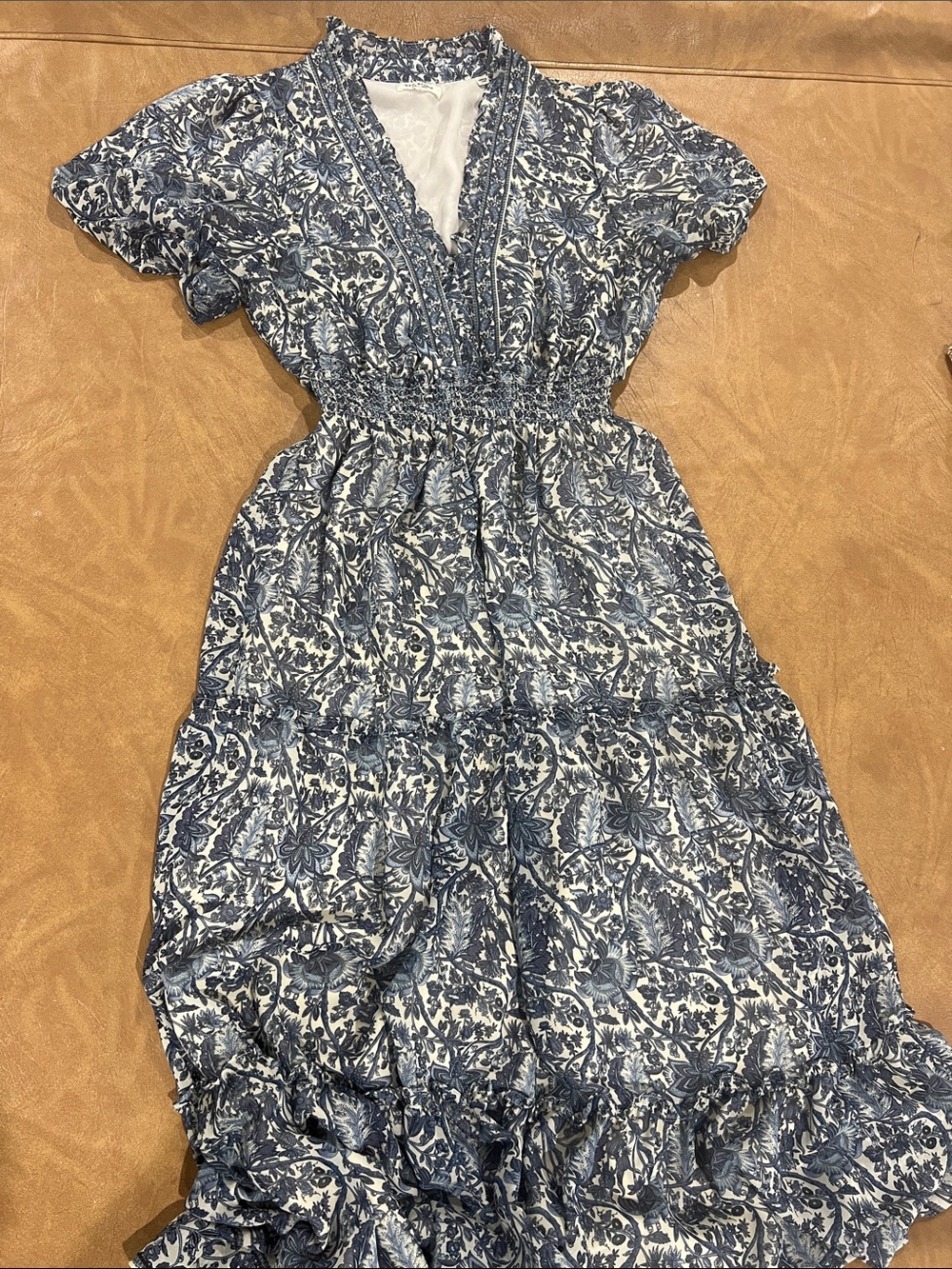 Blue Floral V-Neck Maxi Dress with Smocked Waist